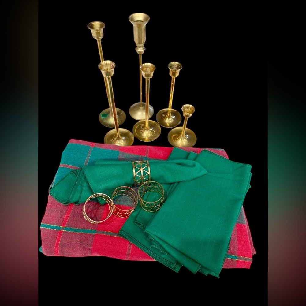 Vintage Christmas bundle, brass candle sticks, and more